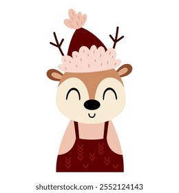 Christmas deer clipart. Christmas animal clip art. Cute festive character. Hand draw vector illustration in flat style