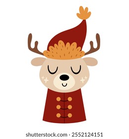 Christmas deer clipart. Christmas animal clip art. Cute festive character. Hand draw vector illustration in flat style