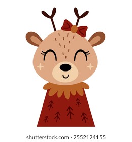 Christmas deer clipart. Christmas animal clip art. Cute festive character. Hand draw vector illustration in flat style