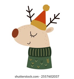 Christmas deer clipart. Christmas animal clip art. Cute festive character. Hand draw vector illustration in flat style