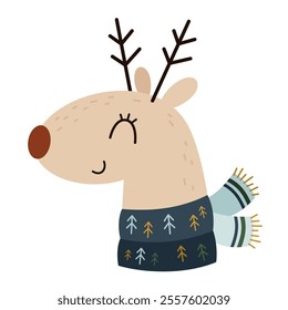 Christmas deer clipart. Christmas animal clip art. Cute festive character. Hand draw vector illustration in flat style