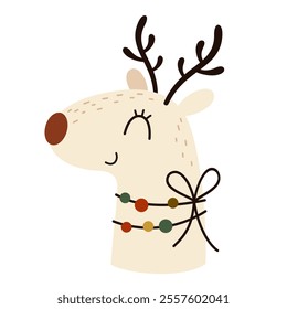 Christmas deer clipart. Christmas animal clip art. Cute festive character. Hand draw vector illustration in flat style