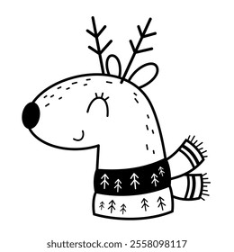 Christmas deer clipart. Black and white Christmas animal doodle. Cute festive character. Hand draw vector illustration in flat style