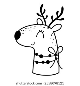 Christmas deer clipart. Black and white Christmas animal doodle. Cute festive character. Hand draw vector illustration in flat style