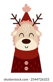 Christmas deer clipart. Boho Christmas animal clip art. Cute festive character. Hand draw vector illustration in flat style