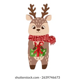 Christmas deer in clothes with Christmas present. Vector illustration for stickers and holiday-themed projects. Ideal for digital designs, wrapping paper, greeting cards, and gifts