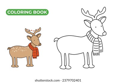 Färberbuch für Heiligabend. Lineare Vektorgrafik von Tieren mit Feiertagen neue Jahr Dekoration. Schwarz-Weiß-Zeichnung des Stages mit Winterschal und festlicher Gartenlandschaft mit Sternen.