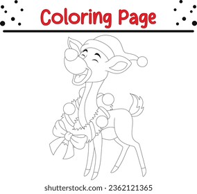 Christmas deer Coloring page for kids. Merry Christmas Black and white vector illustration for coloring book.