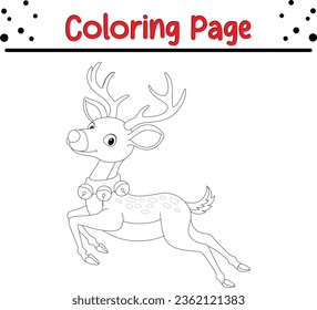 Christmas deer Coloring page for kids. Merry Christmas Black and white vector illustration for coloring book.