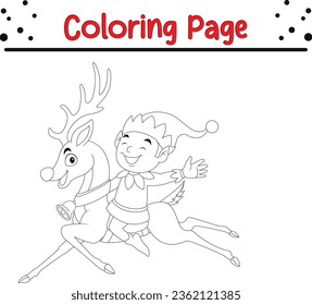 Christmas deer Coloring page for kids. Merry Christmas Black and white vector illustration for coloring book.