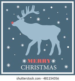 Christmas deer and congratulation background. Doodle backdrop with sketch object and text. Merry christmas, poster design. Illustration with deer silhouette, winter time