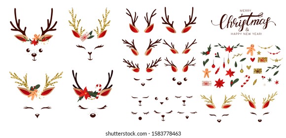 Christmas Deer constructor. Reindeer details collection - antlers, face, ears, christmas wreaths, decor, bows, cookies, box, flowers. Can use for card, party invitation, poster.