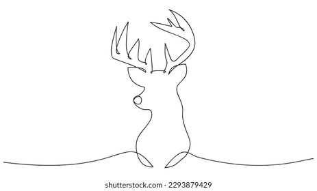 Christmas deer in continuous line art drawing style. Vector illustration
