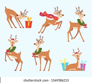 Christmas Deer. Cute Fairytale Animal Reindeer In Cartoon Style Vector Action Poses