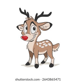Christmas deer. Cute little reindeer with red nose. Flat vector illustration. Blank for your design, avatar, print or postcard.