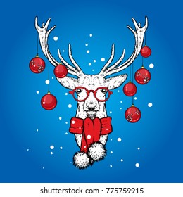 Christmas deer with decorated horn balls. Vector illustration. New Year's and Christmas. An animal in a scarf and glasses.