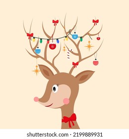 Christmas Deer with decorated horns. Christmas card. Garlands and Christmas balls. Vector illustration in flat style