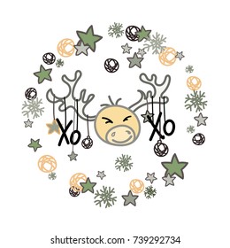 Christmas deer with decorated horns. Merry Christmas and Happy New year greeting card design