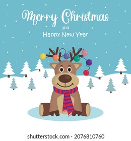 Christmas Deer with decoration balls on antlers. Christmas card. Merry Christmas and Happy New Year.