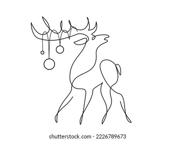 Christmas deer with decorative balls on antlers silhouette logo. Continuous one line drawing art. Vector illustration