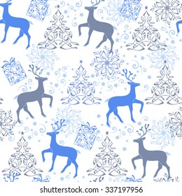  Christmas deer, decorative tree. Vector seamless ornament backdrop for fabric, textile, wrapping paper.