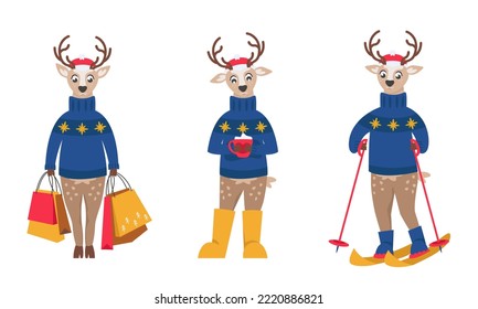 Christmas deer in different poses. Cute character in cartoon style.