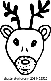 Christmas deer doodle. Vector black-and-white hand-drawn illustration. An isolated object on a white background.