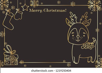 Christmas deer is drawn with a gold outline on a black background. Christmas illustration congratulation decorated with snowflakes.