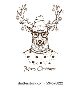 Christmas deer dressed in blouse.Hand drawn work.Vector illustration