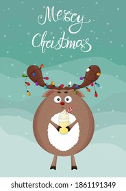 Christmas deer with eggnog drink. Funny reindeer, ligts bulb garland background. Cartoon Santa deer red nose drinking eggnog. Winter landscape, Merry Christmas and happy New Year greeting card template