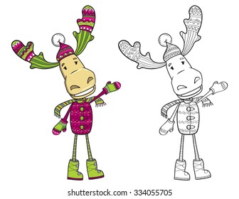 Christmas deer with ethnic patterns on the clothing . full color and line vector illustration 