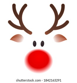 Christmas deer face with brown horns, red nose, black eyes and ears isolated on white background. Vector illustration for Happy New Year postcard,  greeting card, banner, decor, design, party.