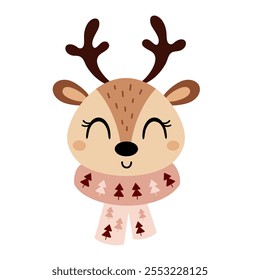 Christmas deer face clipart. Christmas animal clipart. Cute festive character. Hand draw vector illustration in flat style