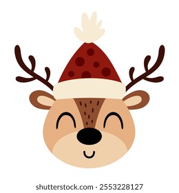 Christmas deer face clipart. Christmas animal clipart. Cute festive character. Hand draw vector illustration in flat style