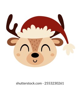 Christmas deer face clipart. Christmas animal clipart. Cute festive character. Hand draw vector illustration in flat style