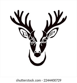Christmas deer face logo template. Face icon. Asian bear. Head isolated on white background. A deer's head with antlers on it's head, black and white