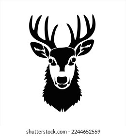 Logo-Vorlage für das Weihnachtsmännchen. Gesichtssymbol. Asiatischer Bär. Kopf einzeln auf weißem Hintergrund. Ein Hirschkopf mit Antern auf seinem Kopf, schwarz-weiß, auf weißem Hintergrund