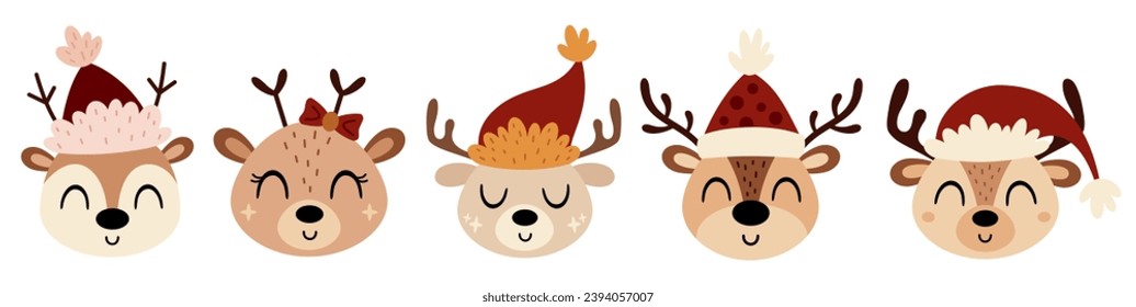 Christmas deer faces clipart in cartoon style. Merry Christmas clipart. Cute deer heads clipart. Vector illustration	