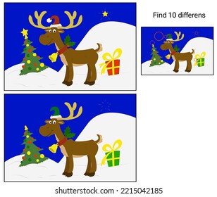 Christmas deer. Find 10 differences. Educational game for children. Cartoon vector illustration