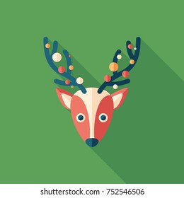 Christmas deer flat square icon with long shadows.
