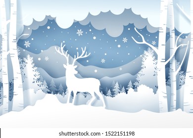 Christmas and deer in forest with snow in the winter season. Background of landscape paper art style, eps 10 vector.