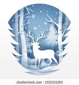 Christmas and deer in forest with snow in the winter season. Background of landscape paper art style, eps 10 vector.
