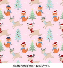 Christmas deer and fox seamless pattern