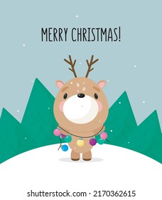 Christmas deer with garland. Cartoon style. Vector illustration. For card, posters, banners, books, printing on the pack, printing on clothes, textile or dishes.