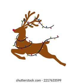 Christmas deer with a garland. Cute jumping Christmas deer with a garland. Silhouette of a Christmas deer