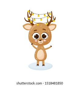 Christmas deer with a garland in the horns. Vector illustration. Cute cartoon deer. Isolated on white background