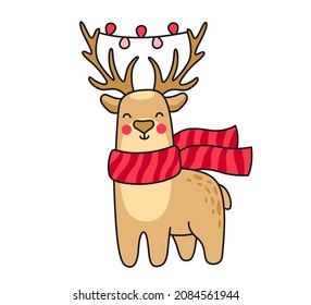 Christmas deer with garland on the horns. Cute cartoon animal character. Funny cute vector colored illustration for print, greeting card, postcard, sticker and pin.