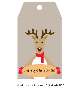 Christmas deer gift tag flat vector isolated background