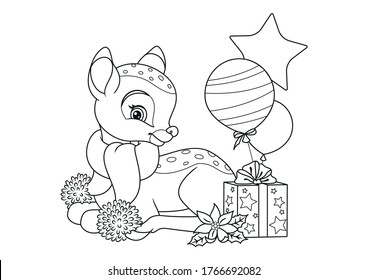 Christmas Deer with Gifts Coloring Page. Black and white cartoon illustration