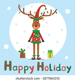 Christmas deer with gifts. Christmas garlands, gifts, scarf, hat, sweater, snow, description, happy holidays